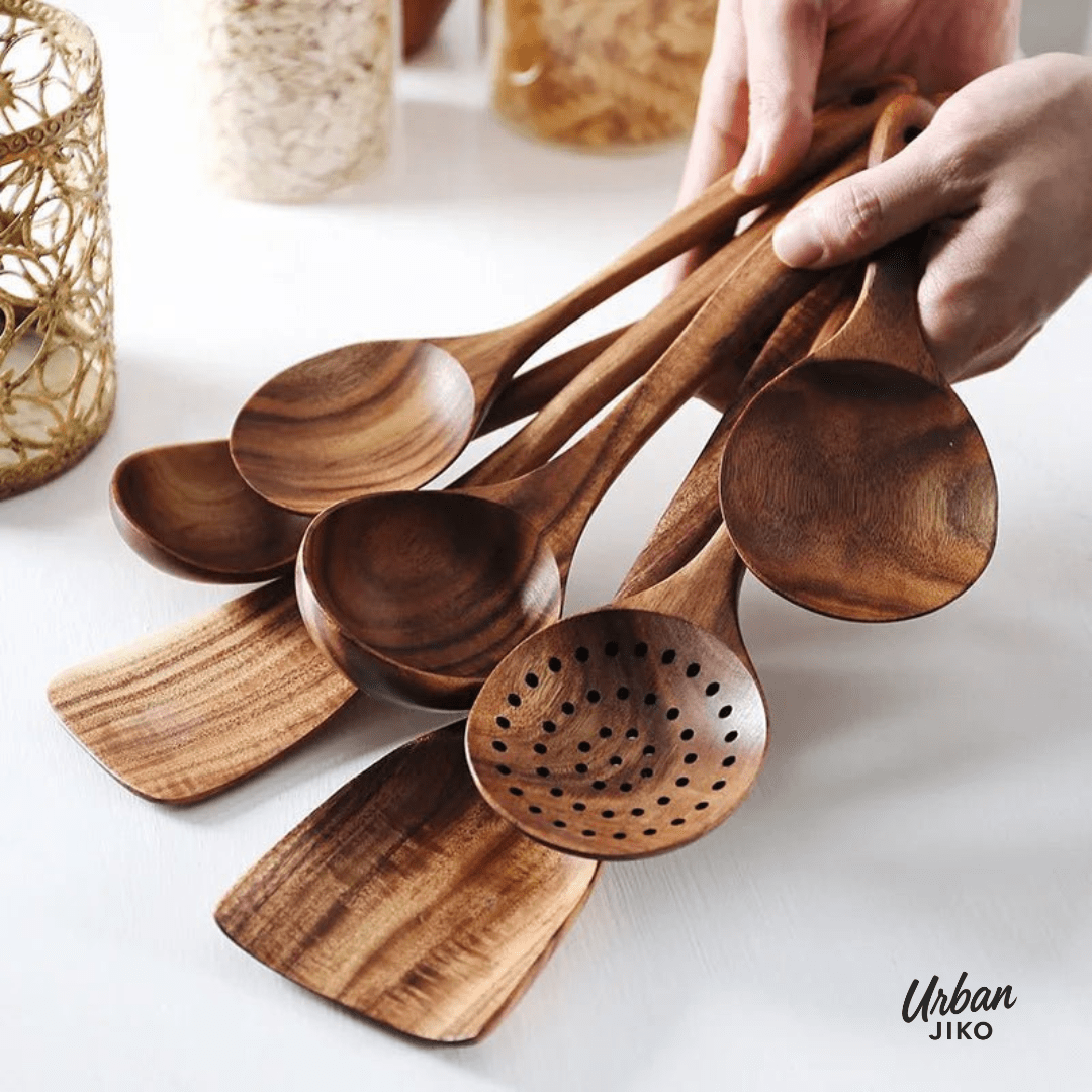 Teak Wooden Utensil Set + Mineral Oil Bundle