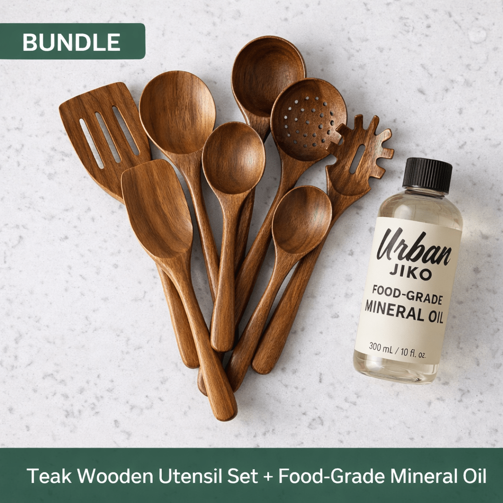 Teak Wooden Utensil Set + Mineral Oil Bundle